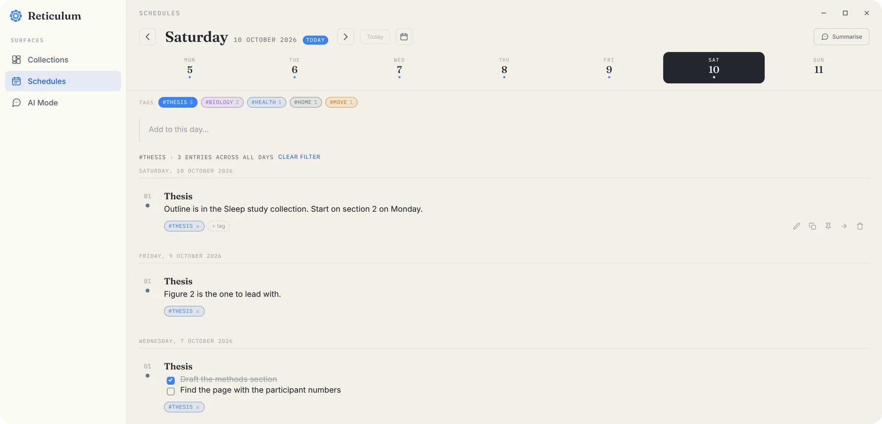 The day book filtered to the thesis tag, with entries from Saturday, Friday and Wednesday