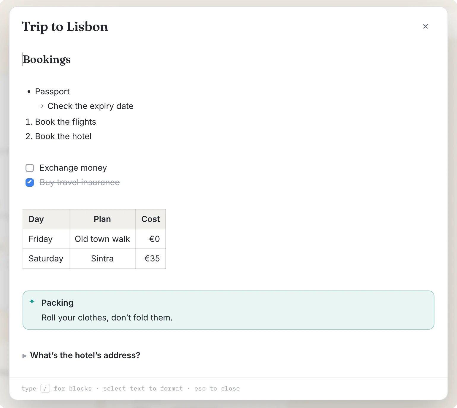A note in the editor with a heading, lists, a checklist, a table, a tip callout and a folded toggle