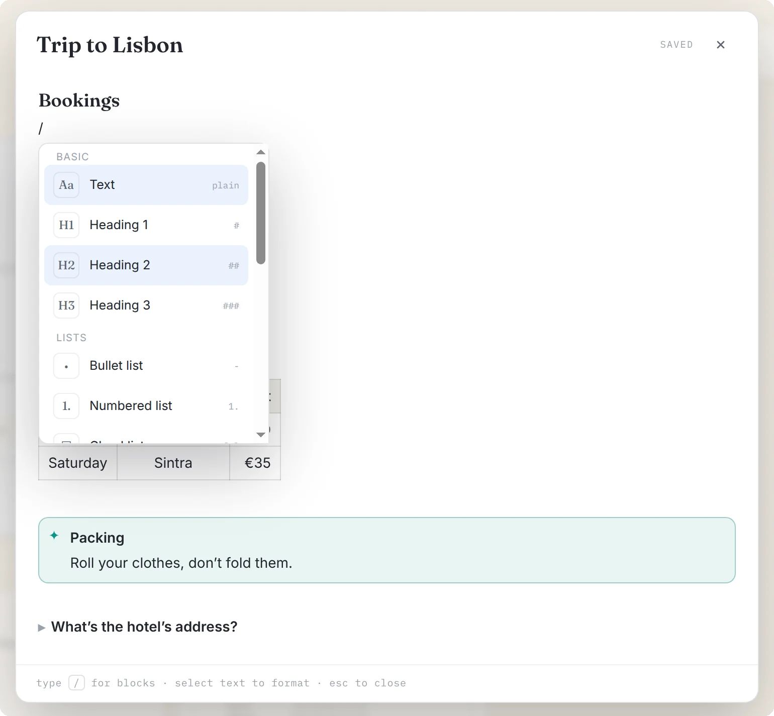 The editor's slash menu, listing Text, Heading 1 to 3, Bullet list and Numbered list
