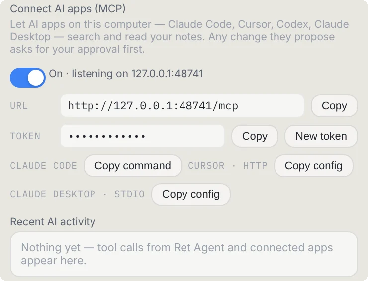 The Connect AI apps (MCP) settings, switched on, with the address, a hidden token and copy buttons for Claude Code, Cursor and Claude Desktop