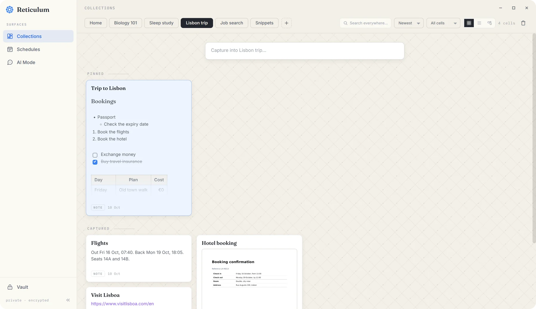 A Lisbon trip collection with a pinned planning note, flight times, a link and the hotel booking PDF