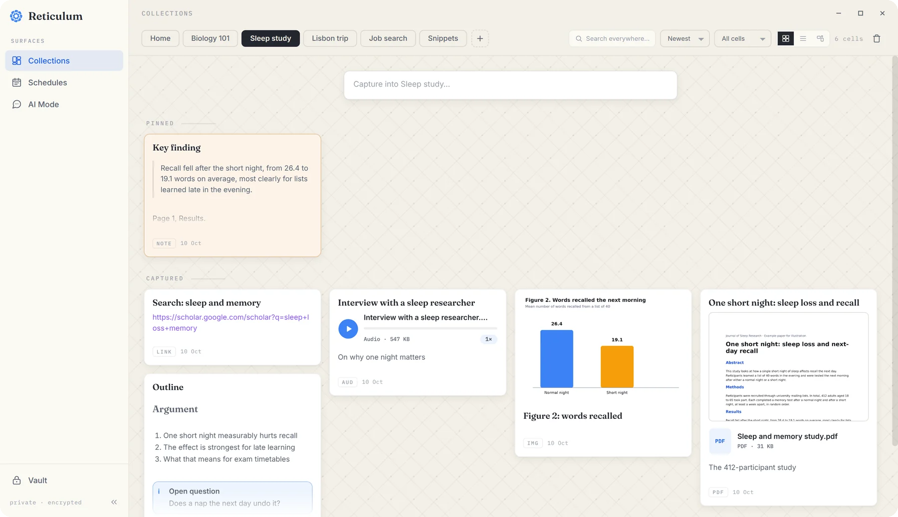 The Sleep study collection in grid view with a pinned key finding and four notes below
