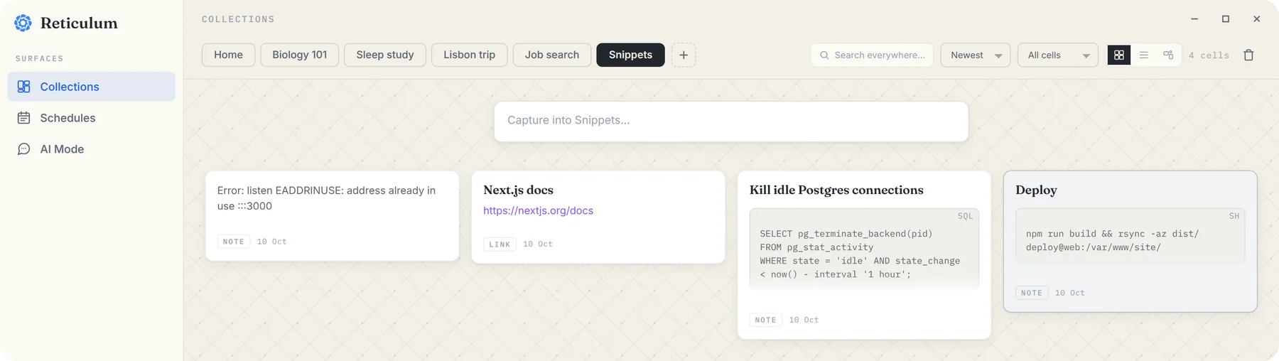 A Snippets collection in Reticulum showing an error message, a docs link and two code notes labelled SQL and SH