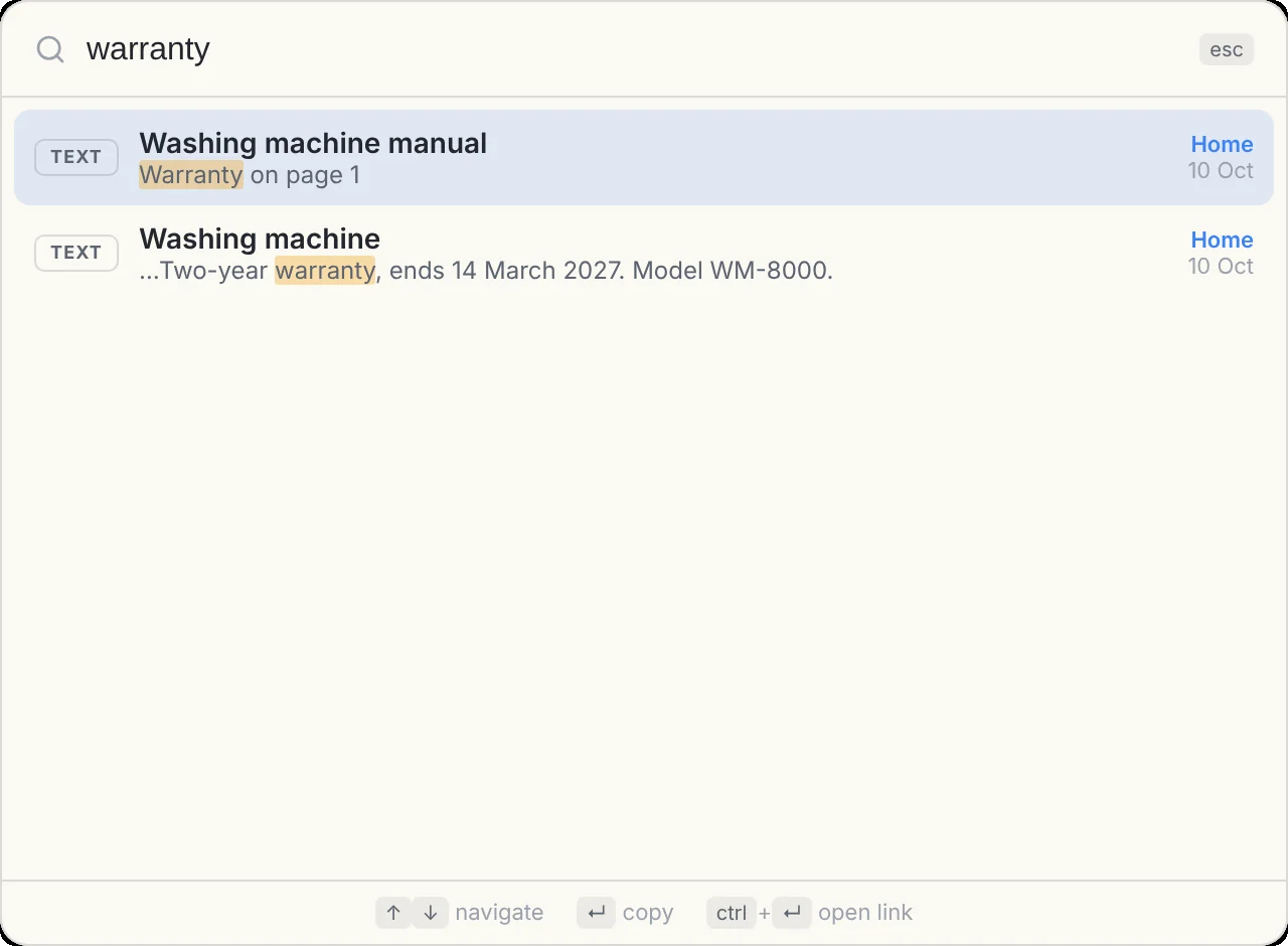 The search overlay with results for warranty, the match highlighted in each