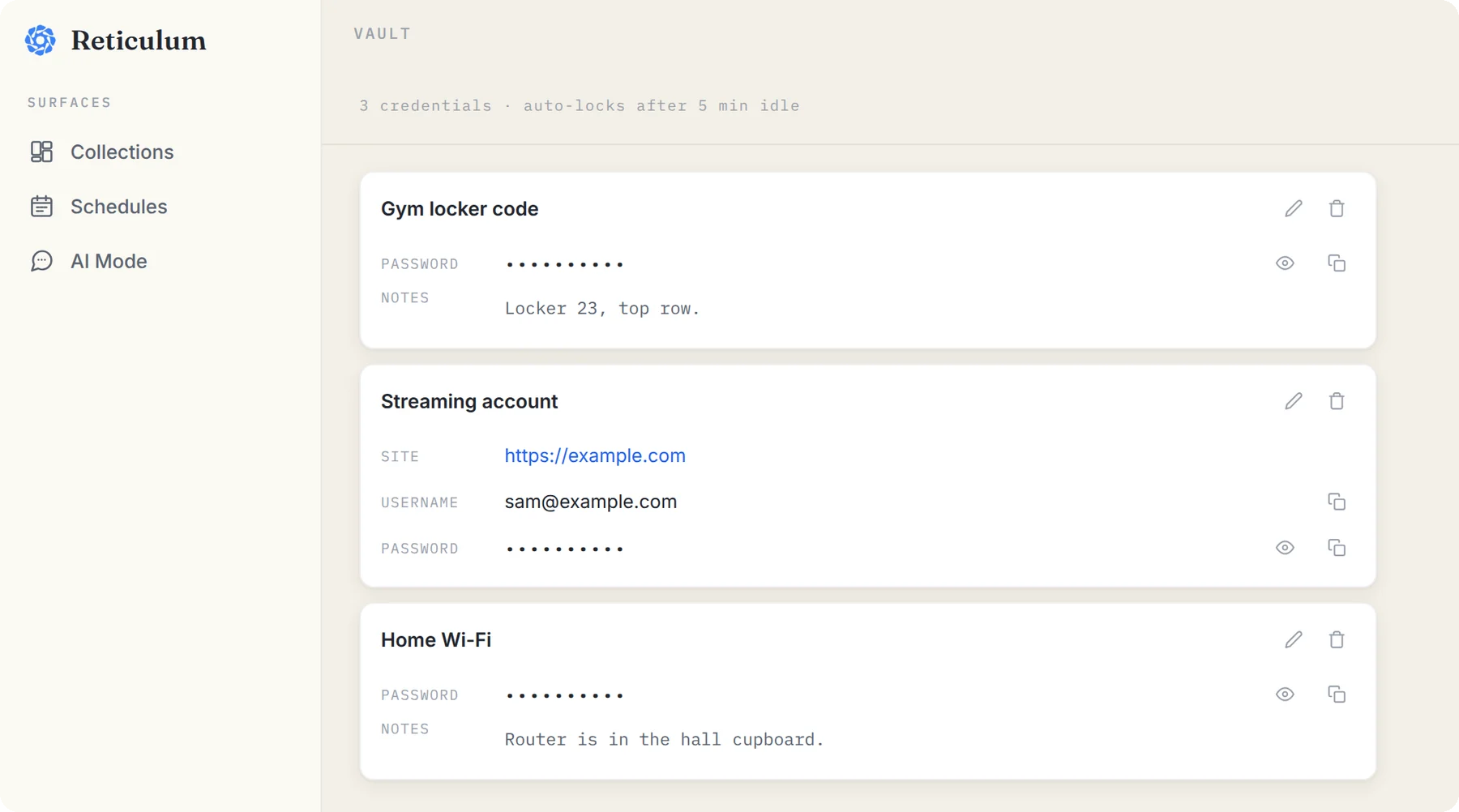 The vault, unlocked, with three entries and hidden passwords