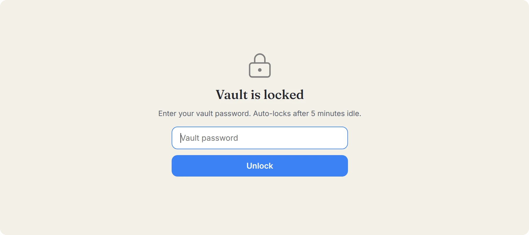 The locked vault, asking for the vault password, with a note that it auto-locks after 5 minutes idle