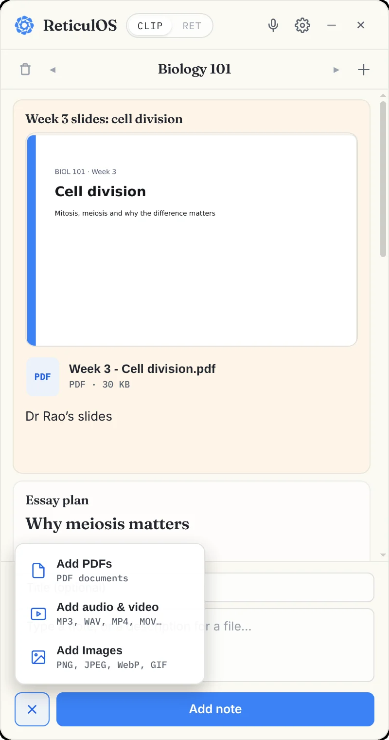 The widget's + menu showing Add PDFs, Add audio & video and Add Images
