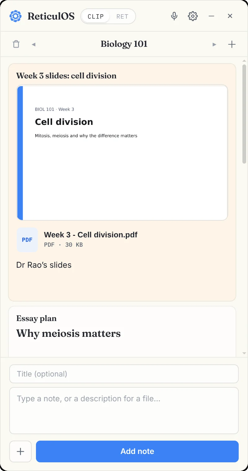 The widget showing a Biology 101 collection with a pinned PDF of slides and an essay plan below it